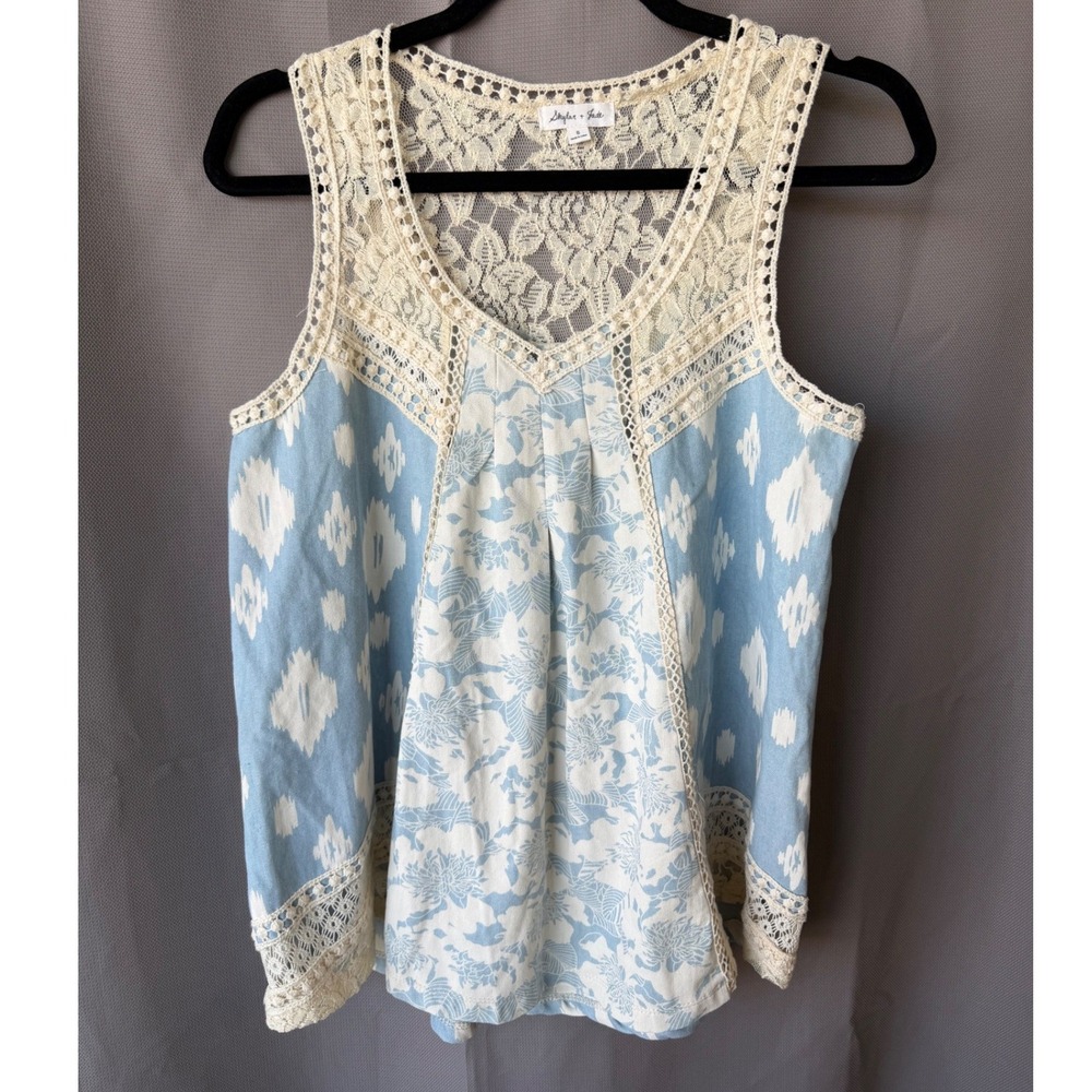 100% Cotton Skylar + Jade Tank Top Blue White Ikat Floral Lace Small